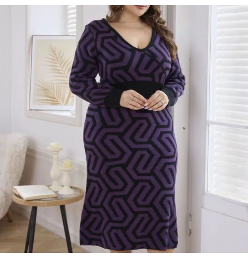 Long-Sleeved Geometric Print Shirt Hot Sales Euro-American Style Casual Maxi Vintage Women's knit dress Long-Sleeved Geometric Print Shirt Hot Sales Euro-American Style Casual Maxi Vintage Women's knit dress
