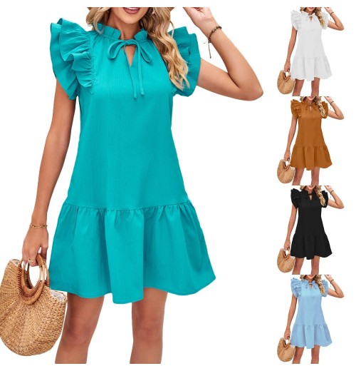 Women's Summer Dress New Style Casual Elegant Breathable Polyester V-Neck Natural Loose Fit Elegant Lotus Sleeves Solid Women's Summer Dress New Style Casual Elegant Breathable Polyester V-Neck Natural Loose Fit Elegant Lotus Sleeves Solid