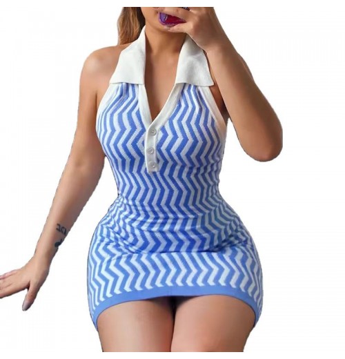 OEM/ODM Fashion Striped Polo Collar Sleeveless Backless Dresses Women Casual Lady Summer Elegant Mini Sexy Dress Women OEM/ODM Fashion Striped Polo Collar Sleeveless Backless Dresses Women Casual Lady Summer Elegant Mini Sexy Dress Women