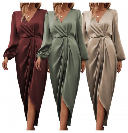 Plus Size Women's Clothing Long Lantern Sleeve Office Work Satin Dress Crossneck Pleated Split Evening Dresses Plus Size Women's Clothing Long Lantern Sleeve Office Work Satin Dress Crossneck Pleated Split Evening Dresses