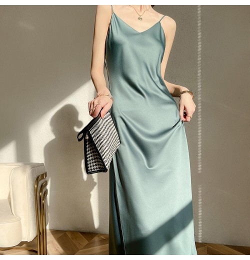 Women's Clothing Retro camisole dress Women's summer mid length satin Dress Womens Casual Dresses