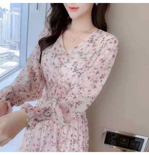 MOTE-AC208 Wholesale Spring Dress Long Sleeve High Waist Korean V-Neck Sweet Skirt Floral Chiffon Dress for Women and Girls MOTE-AC208 Wholesale Spring Dress Long Sleeve High Waist Korean V-Neck Sweet Skirt Floral Chiffon Dress for Women and Girls