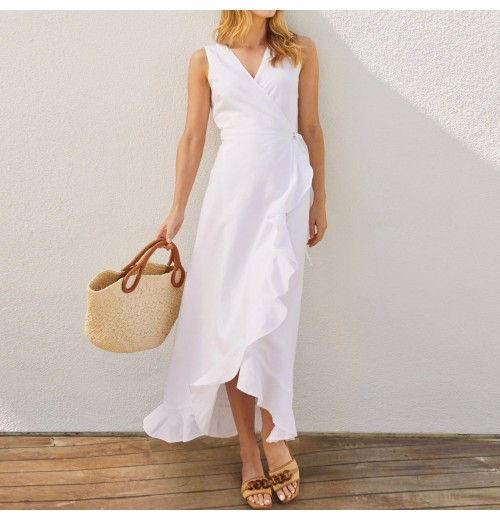Wholesale fashion women's clothing manufacturers 100% linen white sleeveless belt with ruffled hem Women's wrap dress Wholesale fashion women's clothing manufacturers 100% linen white sleeveless belt with ruffled hem Women's wrap dress