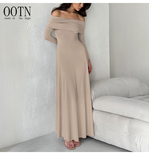OOTN Women Autumn Casual Dresses Strapless Long Sleeve Waisted Long Dresses Office Women Khaki Maxi Dresses OOTN Women Autumn Casual Dresses Strapless Long Sleeve Waisted Long Dresses Office Women Khaki Maxi Dresses