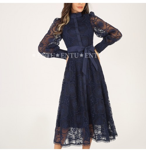Elegant Fashion Lace Evening Party Dress Women Single Breasted Placket Sleeved Casual Career Dresses With Belt Elegant Fashion Lace Evening Party Dress Women Single Breasted Placket Sleeved Casual Career Dresses With Belt