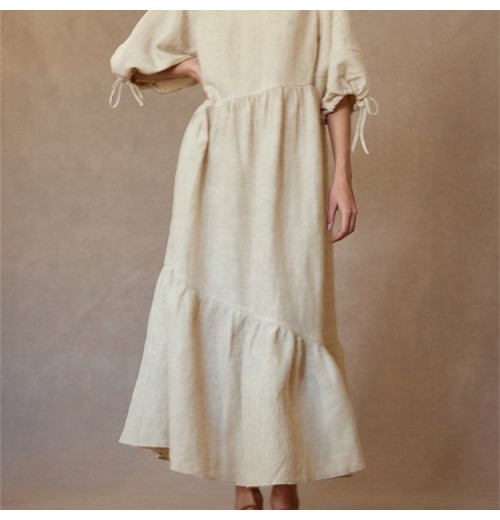 New Retro Summer Dress Women's Sundress Ladies Casual Bohemian Dress Long Solid Beach Dress Short Sleeve Cotton Linen New Retro Summer Dress Women's Sundress Ladies Casual Bohemian Dress Long Solid Beach Dress Short Sleeve Cotton Linen
