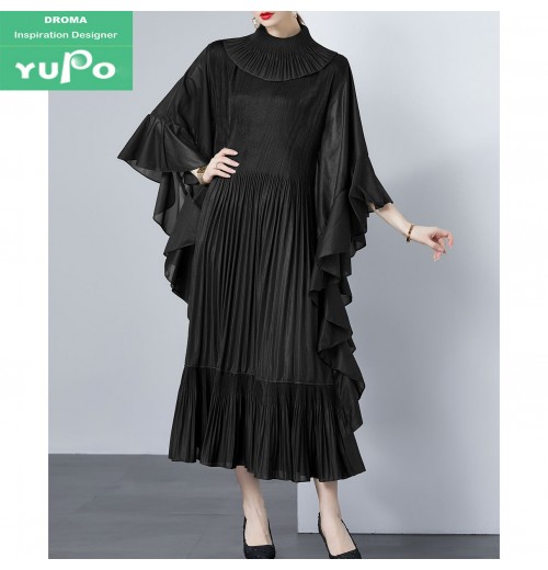 Droma 2024 fashion elegant bat long sleeve ruffle hem solid color women's clothing plus size dresses Droma 2024 fashion elegant bat long sleeve ruffle hem solid color women's clothing plus size dresses