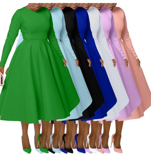 women's clothing fall 2024 elegant Fashionable Solid Color crew neck Pockets long sleeve A-Line midi dress women's clothing fall 2024 elegant Fashionable Solid Color crew neck Pockets long sleeve A-Line midi dress