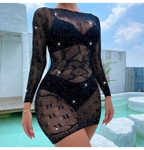 New Transparent Dress Nylon Black Jacquard Long sleeve Fishnet Lingerie Hollow Out Rhinestone Stocking Women's Clothing Sexy New Transparent Dress Nylon Black Jacquard Long sleeve Fishnet Lingerie Hollow Out Rhinestone Stocking Women's Clothing Sexy