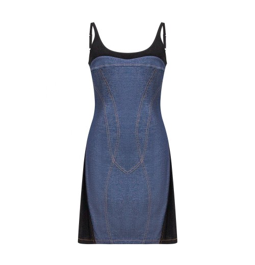 Custom OEM Bodycon Slim Fit Sleeveless Patchwork Jeans Dress Ladies Contrast Side Panel Denim Corset Style Mini Dress Women Custom OEM Bodycon Slim Fit Sleeveless Patchwork Jeans Dress Ladies Contrast Side Panel Denim Corset Style Mini Dress Women