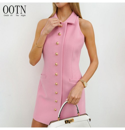 OOTN Women's Pink Elegant Dresses Lapel Single Breasted Slim Sleeveless Dresses Office Lady Summer Waist Dresses OOTN Women's Pink Elegant Dresses Lapel Single Breasted Slim Sleeveless Dresses Office Lady Summer Waist Dresses