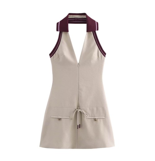 Women's new fashion and leisure Joker slim version splicing hanging neck mini dress retro backless thin belt women's dress Women's new fashion and leisure Joker slim version splicing hanging neck mini dress retro backless thin belt women's dress