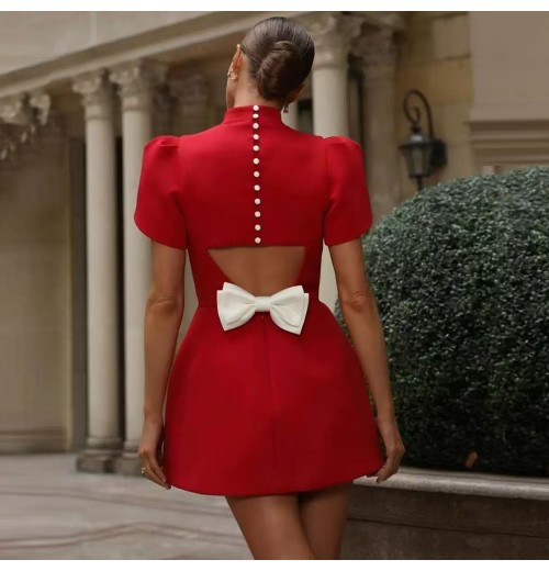 Designer Fashion Mini Dress Women Stand Collar Short Sleeve Red Black Bow Back Hollow Out Slim Casual Sexy Party Designer Fashion Mini Dress Women Stand Collar Short Sleeve Red Black Bow Back Hollow Out Slim Casual Sexy Party
