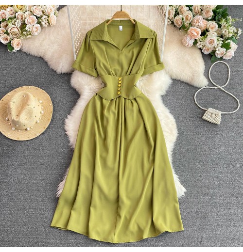 New Fashion Wholesale Temperament Round Neck Hollow Slimming Short Sleeves Solid Color Women's Casual Dress New Fashion Wholesale Temperament Round Neck Hollow Slimming Short Sleeves Solid Color Women's Casual Dress