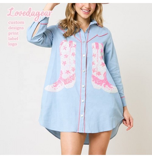 Lovedagear Custom Private Label Sequin Cowboy Boots Button Down Shirt Dress For Women