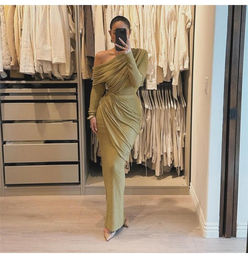 Elegance women's clothing 2024 Winter new solid color long-sleeved shoulder sheath pleated slim waist dress for ladies Elegance women's clothing 2024 Winter new solid color long-sleeved shoulder sheath pleated slim waist dress for ladies