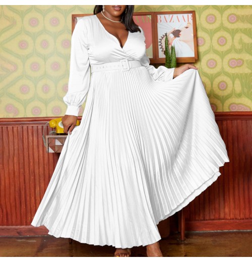 Plus Size Women's Clothing 2024 New V-neck Fashion Temperament Pure Color Pleated Dress Dress Plus Size Women's Clothing 2024 New V-neck Fashion Temperament Pure Color Pleated Dress Dress