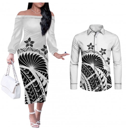 Polynesian Tribal Print black and white clothing couple clothes women Dress Off Shoulder Dress Match Long Sleeve Men Shirts Polynesian Tribal Print black and white clothing couple clothes women Dress Off Shoulder Dress Match Long Sleeve Men Shirts
