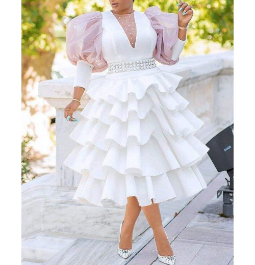 plus size women's clothing High waist temperament white puff sleeve cake dress Ladies banquet puffy dress plus size women's clothing High waist temperament white puff sleeve cake dress Ladies banquet puffy dress