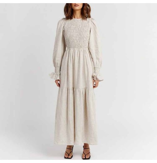 Custom Casual Backless Flare Sleeve Women Natural Linen Midi Dress With Sash Custom Casual Backless Flare Sleeve Women Natural Linen Midi Dress With Sash