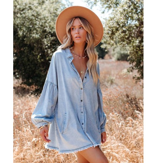 New Trendy Autumn Women Long Sleeved Casual Loose Light Denim Dress With Button Pocket Sexy Lantern Sleeve Raw Edge Denim Shirt New Trendy Autumn Women Long Sleeved Casual Loose Light Denim Dress With Button Pocket Sexy Lantern Sleeve Raw Edge Denim Shirt