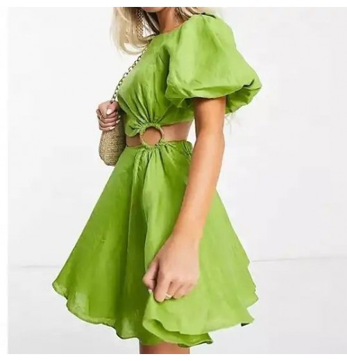 OEM 2023 Designer High Quality Custom Wholesale Lady Fashion Summer Elegant Plain Cut Out Puff Sleeve Linen Mini Dress For woman OEM 2023 Designer High Quality Custom Wholesale Lady Fashion Summer Elegant Plain Cut Out Puff Sleeve Linen Mini Dress For woman
