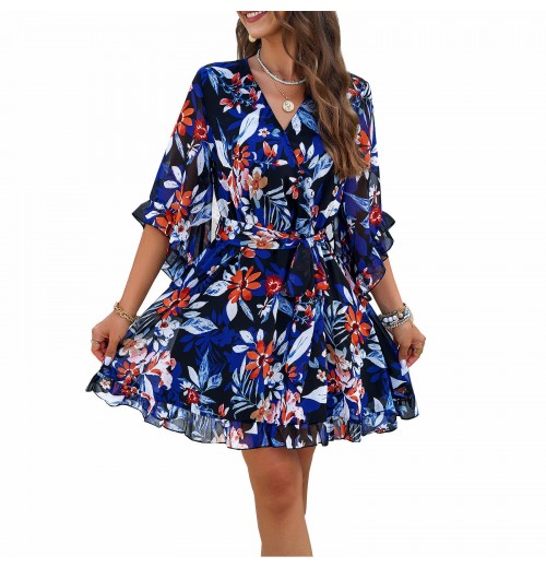 Custom Elegant Women Floral Chiffon Ruffle Boho Long Dress For Ladies Custom Elegant Women Floral Chiffon Ruffle Boho Long Dress For Ladies